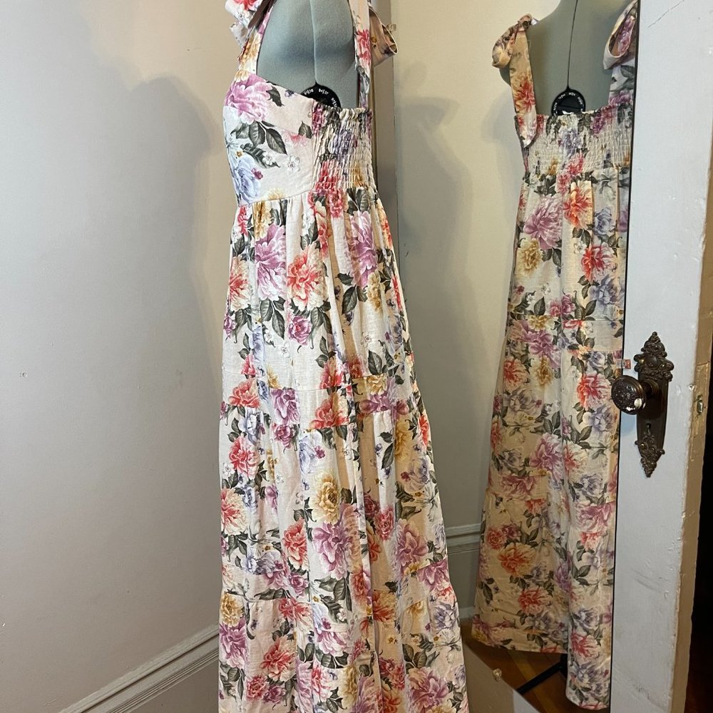 House of Harlow 1960 Linen Blend Tiered Bow Tie Shoulder Long Maxi Dress - Picture 3 of 8